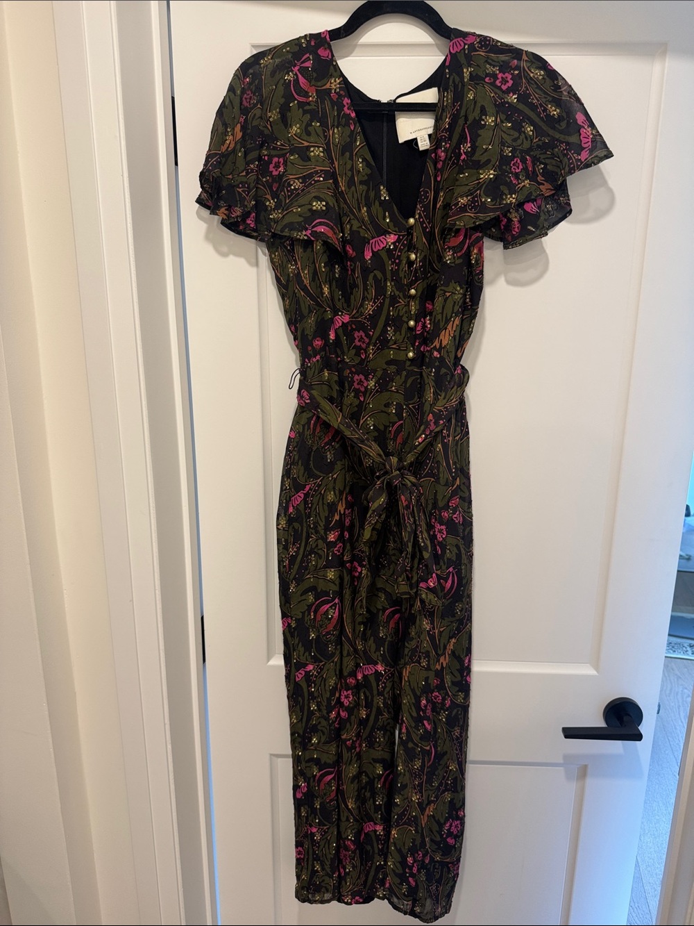 Floral Print Flutter Sleeve Romper in Black and Olive with Pink Accents